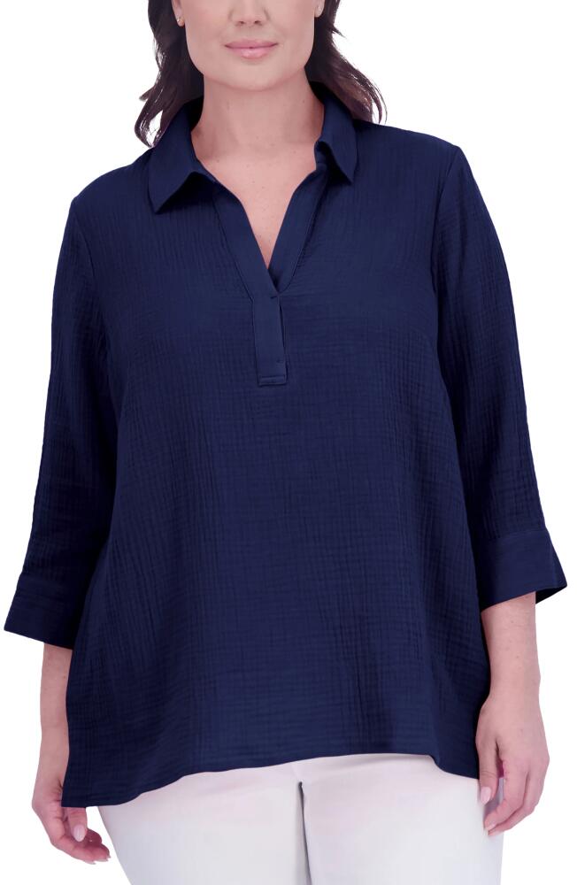 Foxcroft Sophia Cotton Gauze Popover Shirt in Navy Cover