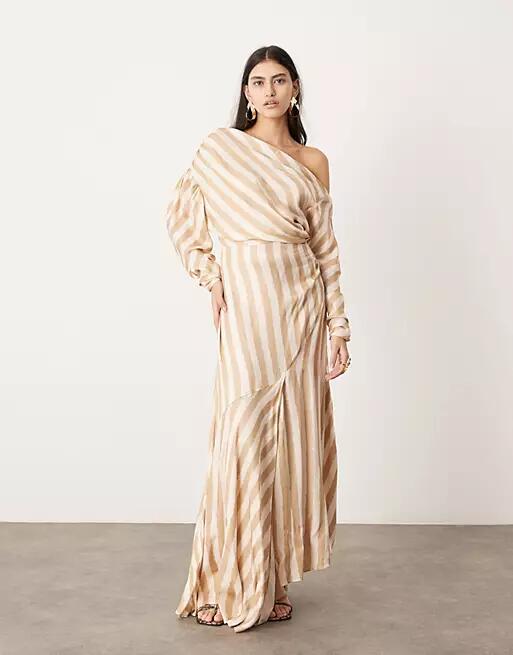 ASOS EDITION fallen shoulder maxi dress in stone stripe-Multi Cover