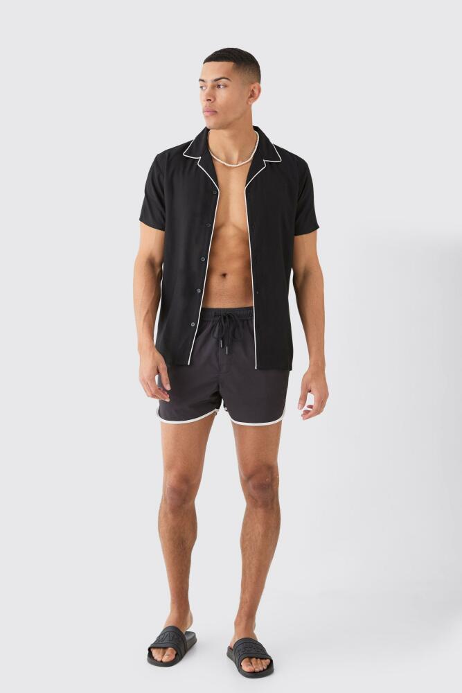 boohoo Mens Short Sleeve Plain Piping Shirt & Swim Set - Black Cover