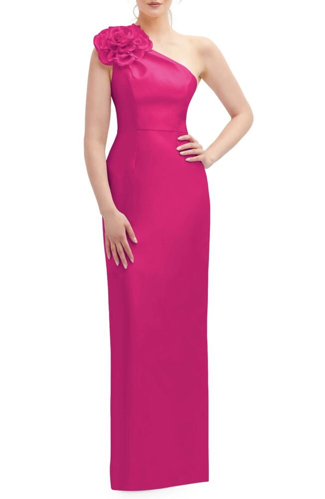 Alfred Sung Flower One-Shoulder Column Gown in Think Pink Cover