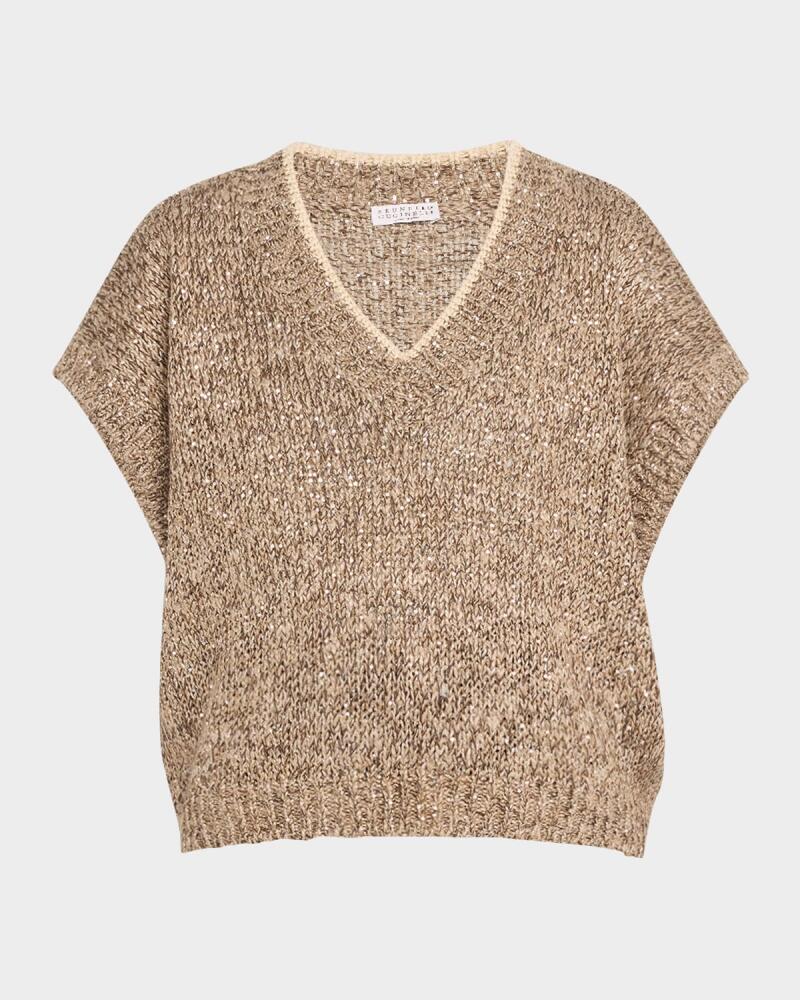 Brunello Cucinelli V-Neck Paillette Tweed Knit Crop Vest Cover