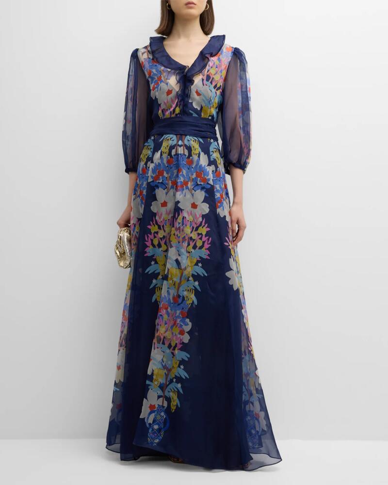 Maison Common Floral-Print 3/4-Sleeve Ruffle Silk Organza Gown Cover