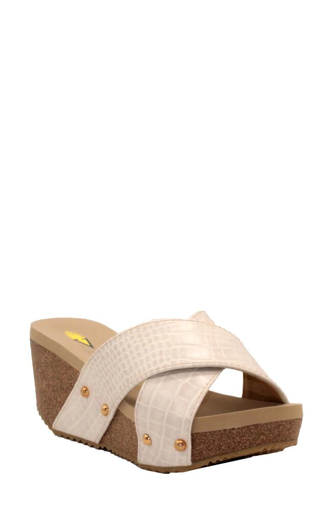 Volatile Riverside Platform Wedge Slide Sandal in Beige Crocodile Print Cover