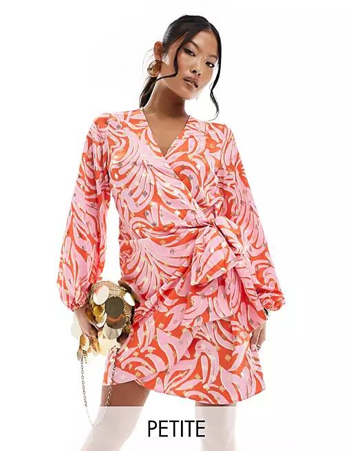 Never Fully Dressed Petite metallic wrap mini dress in pink and orange Cover