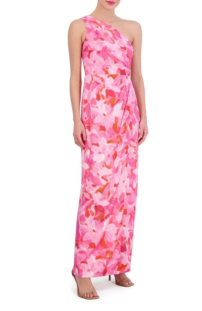 Vince Camuto Floral One-Shoulder Satin Sheath Gown in Bright Fuschia Cover