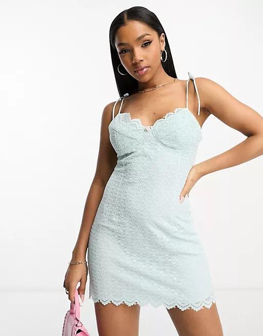 The Frolic tie shoulder cami mini dress with cup detail in sky blue lace Cover