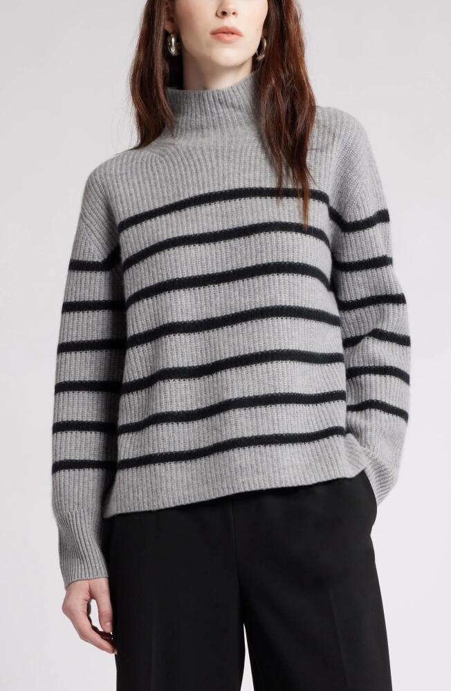 Nordstrom Stripe Cashmere Mock Neck Sweater in Grey Heather- Black Stripe Cover