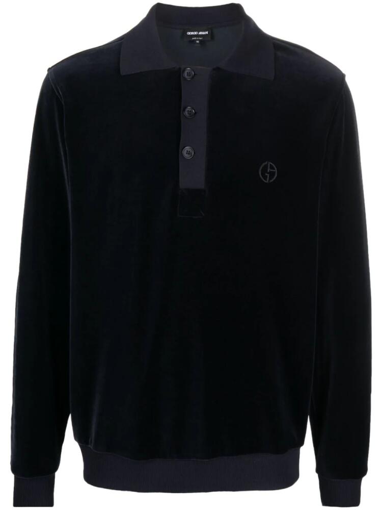 Giorgio Armani logo-embroidered velvet polo shirt - Blue Cover