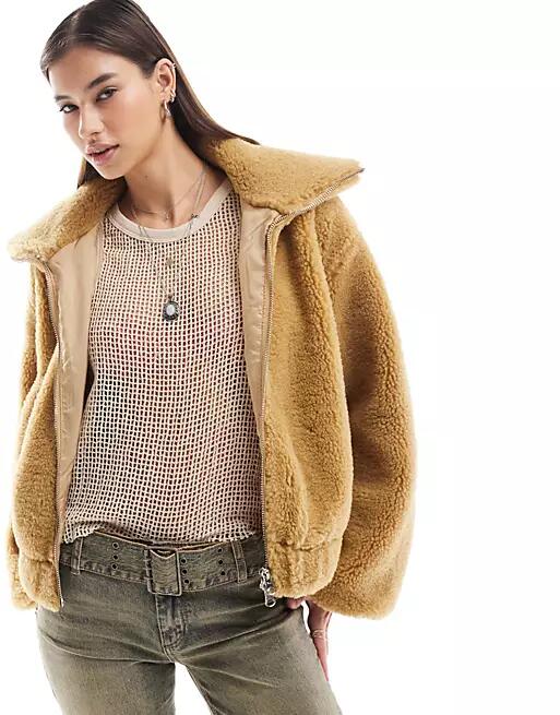 Free People borg fluffy bomber jacket in tan-Neutral Cover