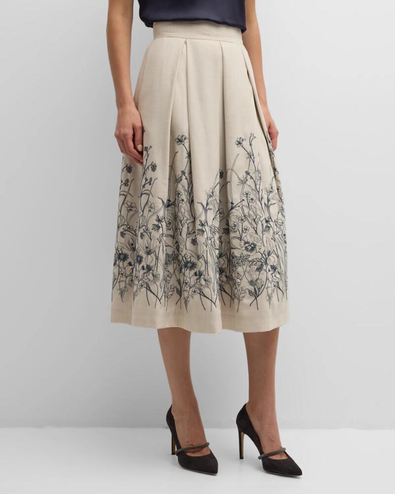 Eleventy Pleated Floral-Embroidered Midi Skirt Cover