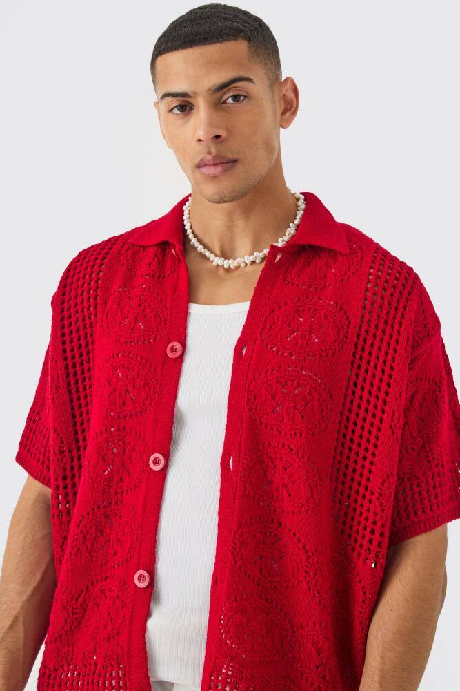 boohoo Mens Oversized Boxy Open Stitch Detail Knitted Shirt In Red Cover