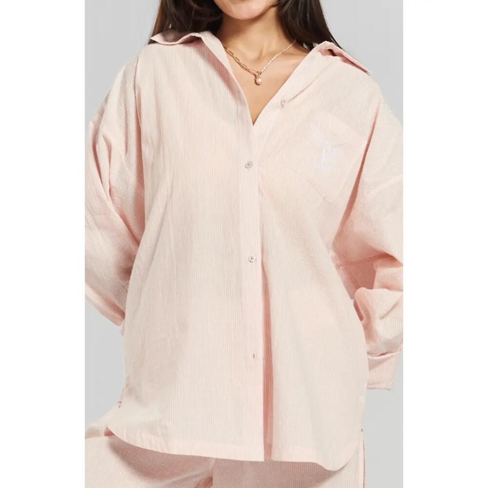 PEACHAUS Yew Striped Ethical-Cotton Pajama Shirt in Dawnlight Coral Cover