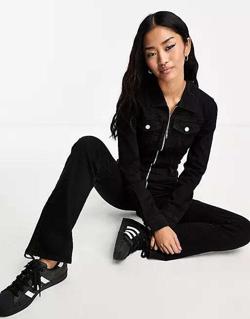 Pull & Bear denim long sleeve jumpsuit in black Cover