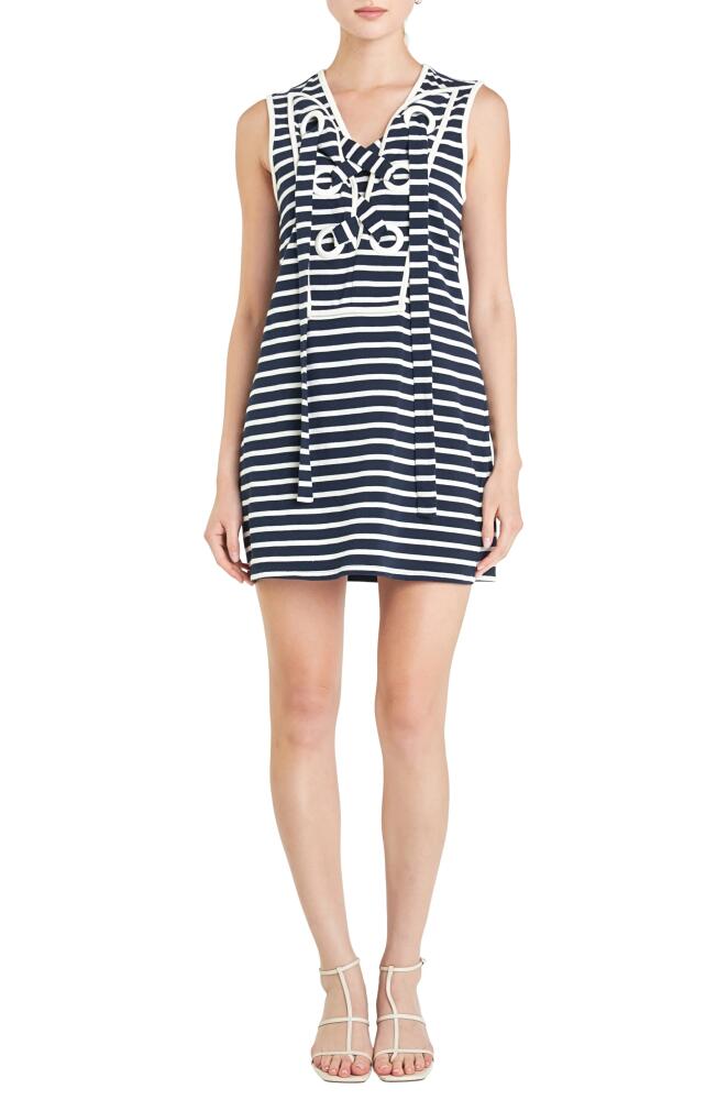 English Factory Stripe Lace-Up Shift Dress in Navy/White Cover