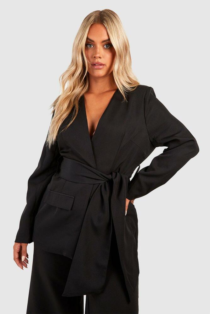 boohoo Womens Plus Woven Tie Belt Pocket Blazer - Black Cover