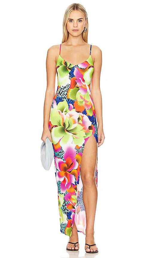 Luli Fama Tropical Illusions Fitted Side Slit Maxi Dress in Green Cover