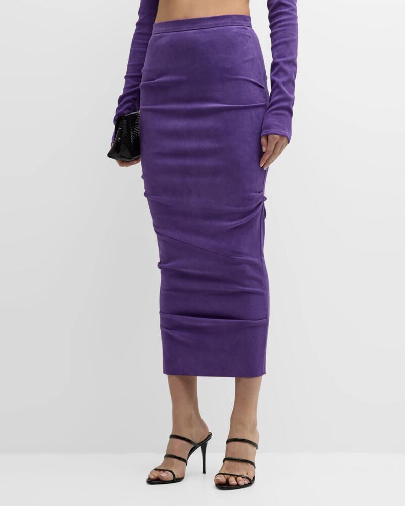 LaQuan Smith Ruched Suede Midi Pencil Skirt Cover