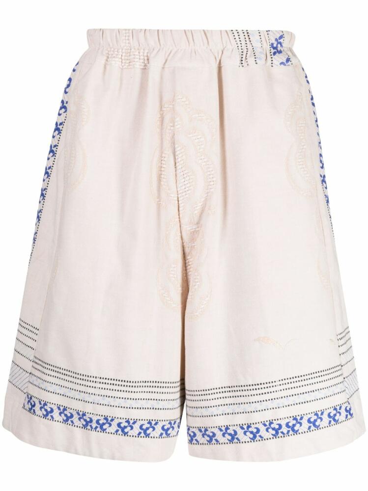 By Walid floral-embroidered linen drop-crotch shorts - Neutrals Cover