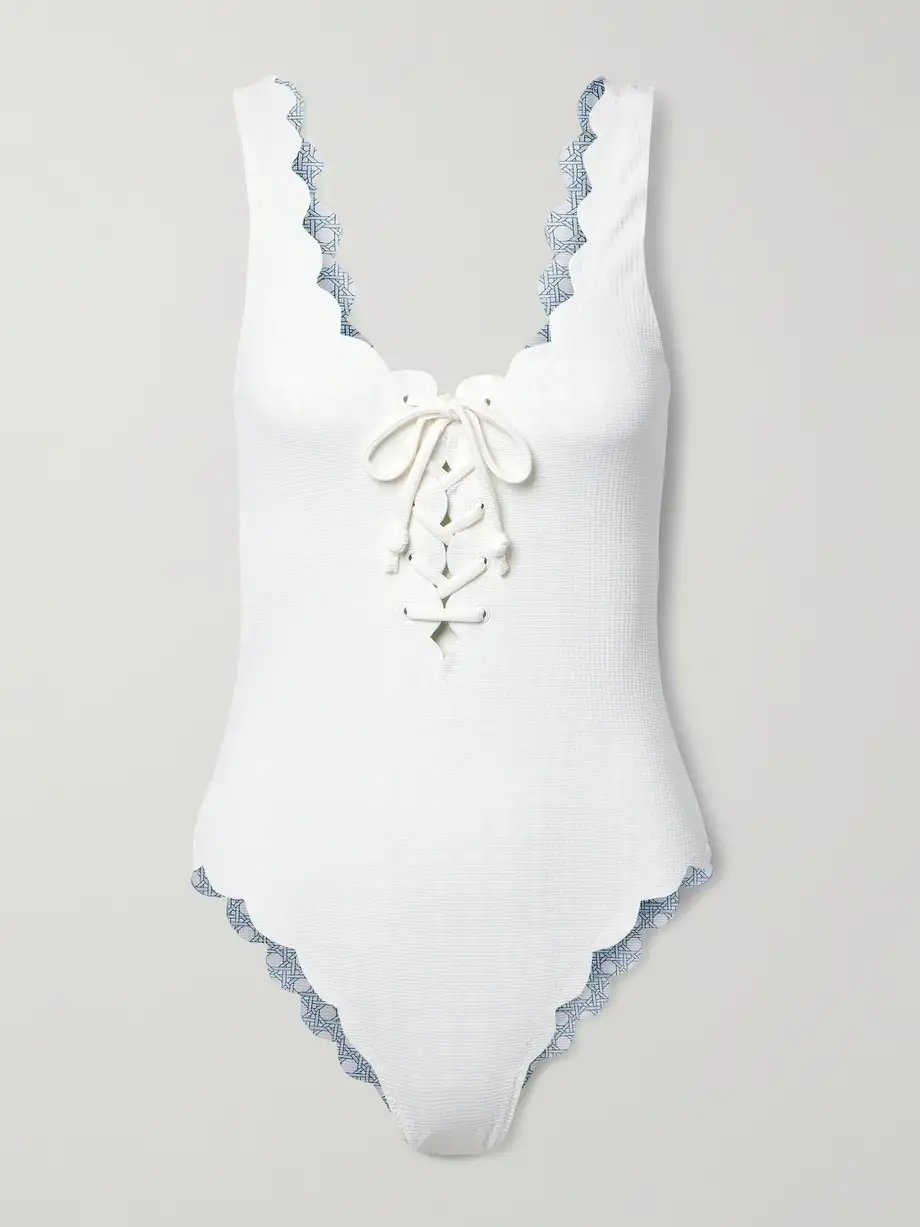 Marysia - Palm Springs Reversible Lace-up Scalloped Seersucker Swimsuit - White Cover