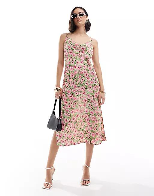 Vila satin cross back cami midi dress in floral print-Green Cover