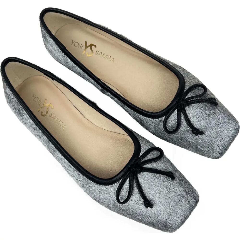 Yosi Samra Cara Metallic Calf Hair Square Toe Ballet Flat in Silver Calf Hair Cover