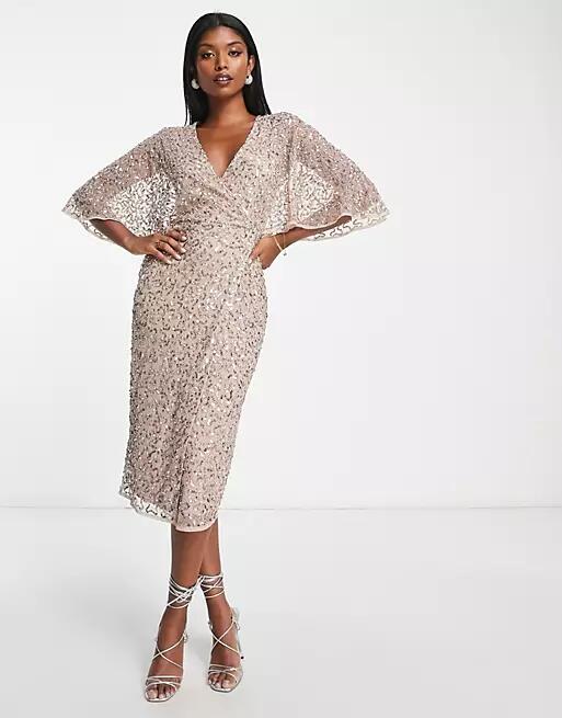 Maya Bridesmaid delicate sequin wrap midi dress in muted blush-Pink Cover