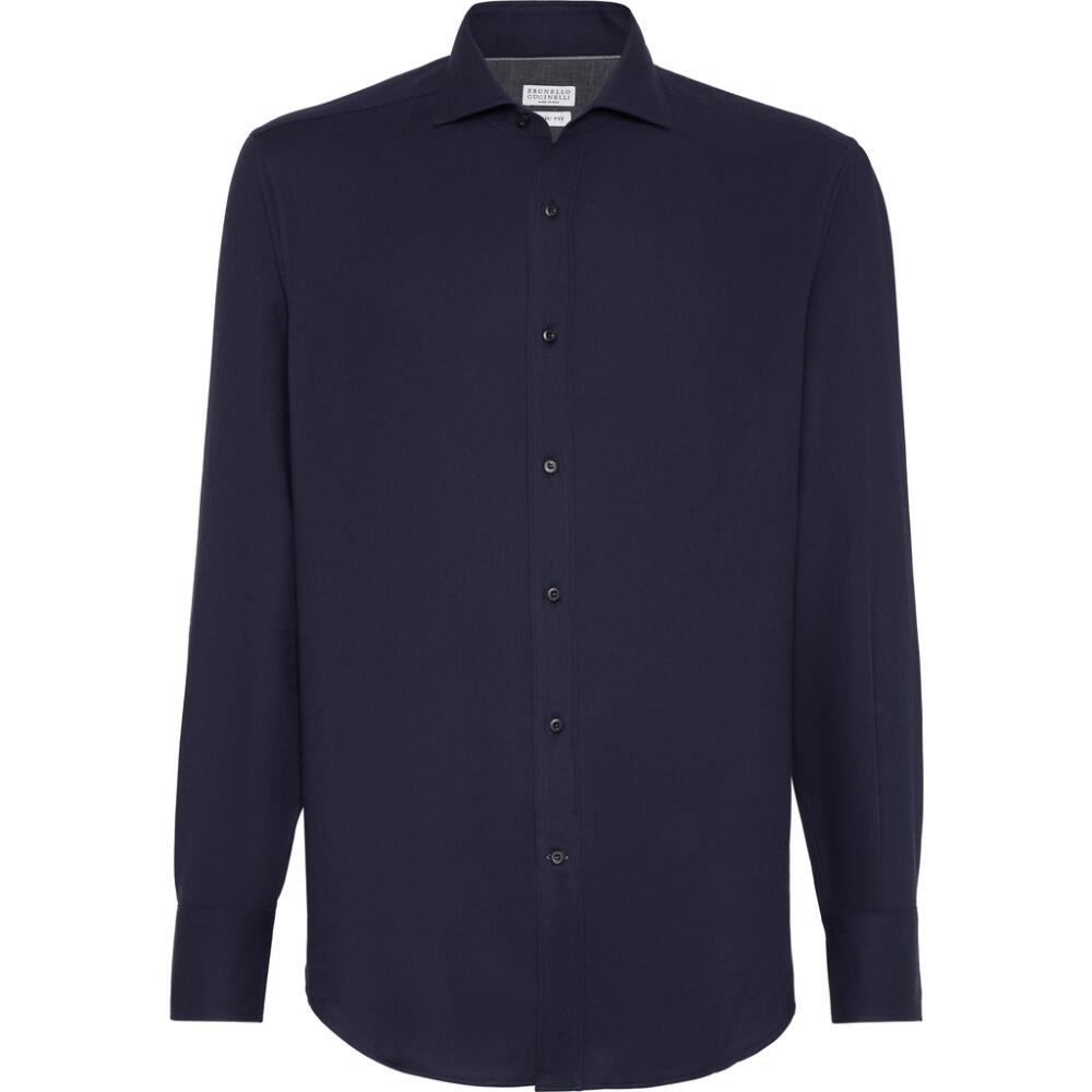 Brunello Cucinelli Cotton and cashmere twill basic fit shirt with spread collar in Blue Cover