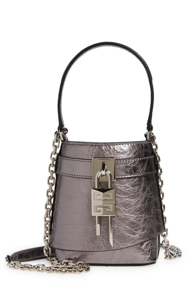 Givenchy Micro Shark Lock Lambskin Leather Bucket Bag in Silvery Grey Cover