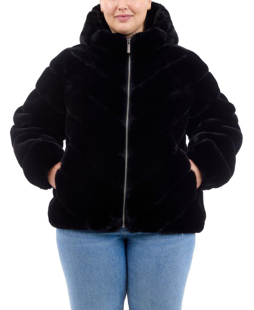 Michael Michael Kors Plus Size Hooded Faux-Fur Coat - Black Cover