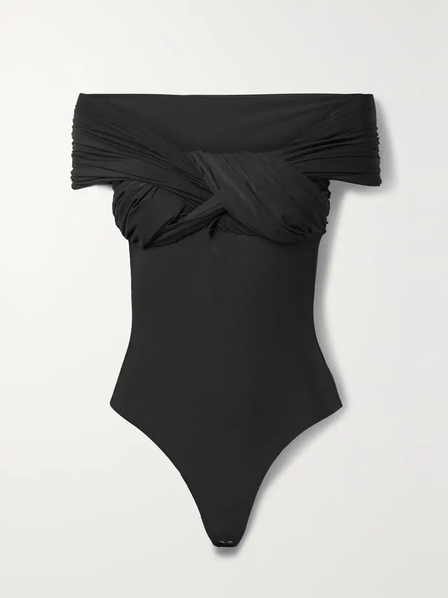 GOLDSIGN - The Odette Off-the-shoulder Twist-front Ruched Stretch-jersey Thong Bodysuit - Black Cover