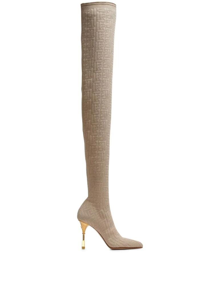 Balmain 95mm monogram-knit over-the-knee boots - Neutrals Cover