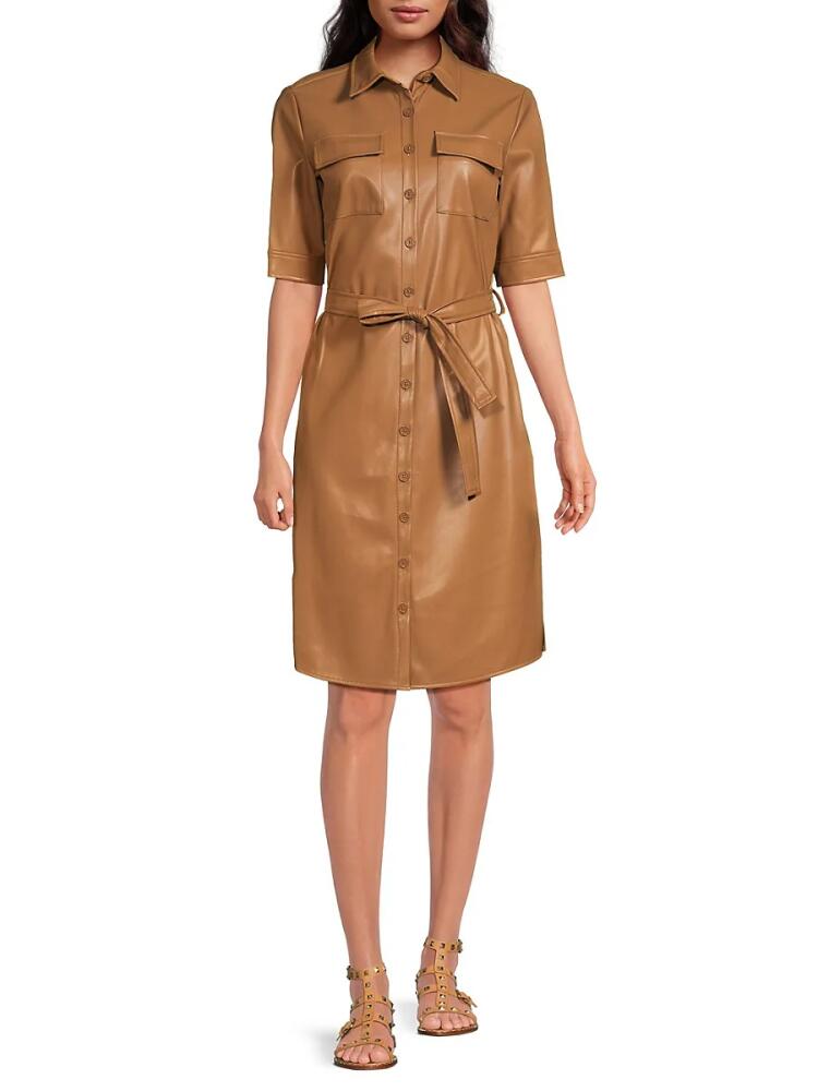 Calvin Klein Women's Belted Faux Leather Shirtdress - Luggage Brown Cover