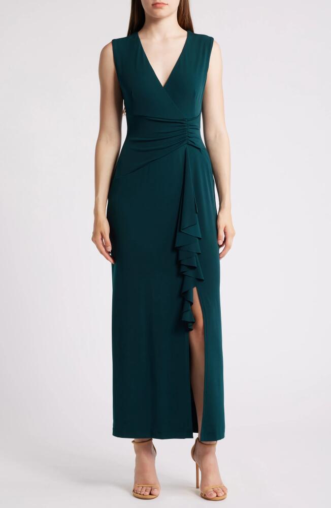 Connected Apparel Cascade Ruffle Sleeveless Jersey Gown in Hunter Cover