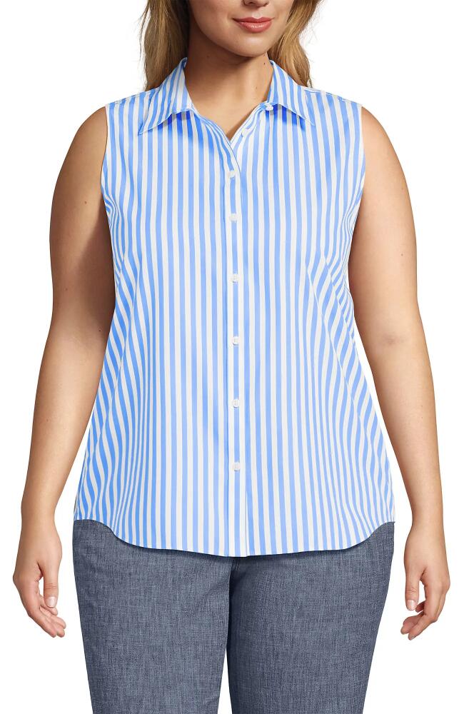 Lands' End Plus Size No Iron Sleeveless Shirt in Chicory Blue Stripe Cover