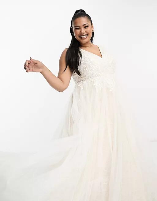 ASOS DESIGN Curve Sienna bead and embroidered plunge bodice wedding dress with lace underlay in ivory-White Cover