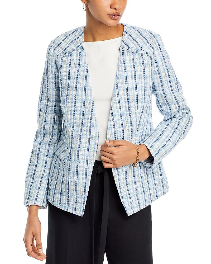 T Tahari Tweed V Neck Collarless Blazer Cover