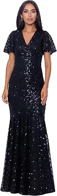 XSCAPE Short Sleeve V-Neck Dress with Sequins (Black/Hunter) Women's Evening Cover