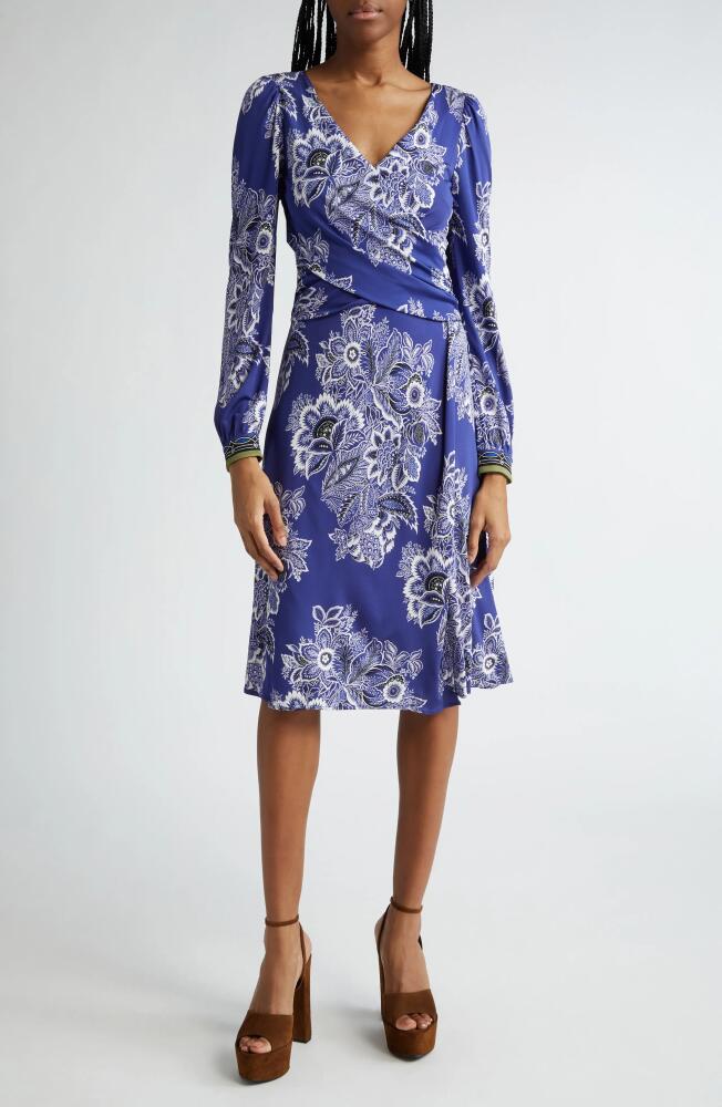 Etro Floral Wrap Bodice Long Sleeve Dress in Print On Blue Base Cover