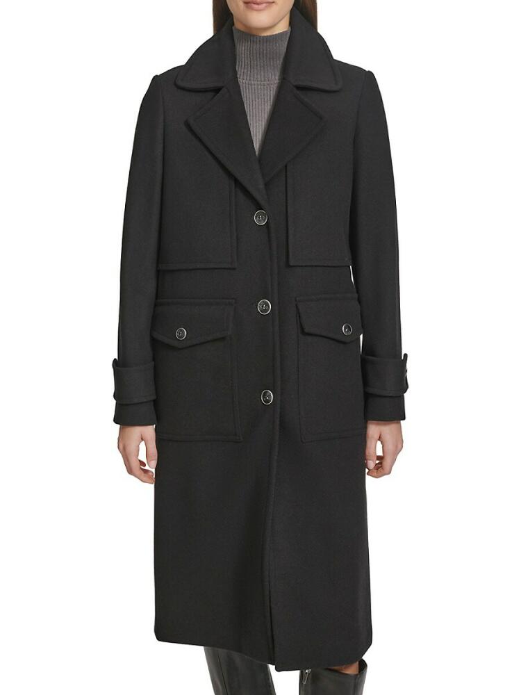 Andrew Marc Women's Olpae Faux Fur Collar Wool Blend Trench Coat - Black Cover