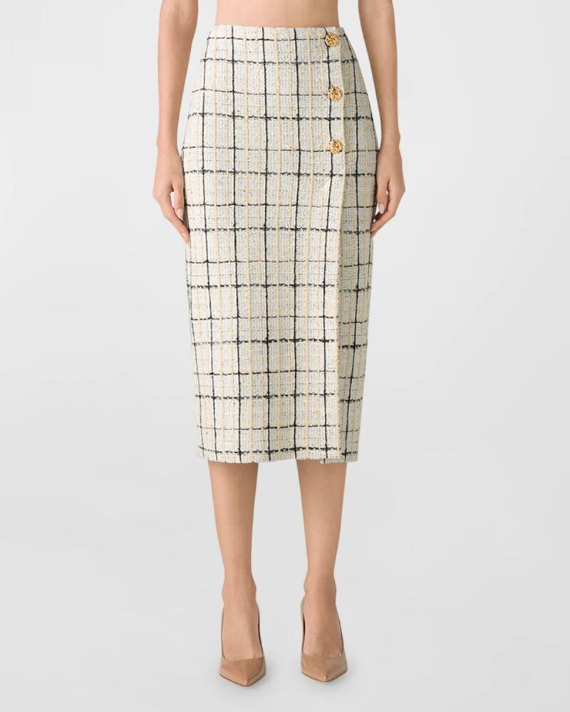 St. John Plaid Boucle Tweed Knit Button-Front Midi Skirt Cover