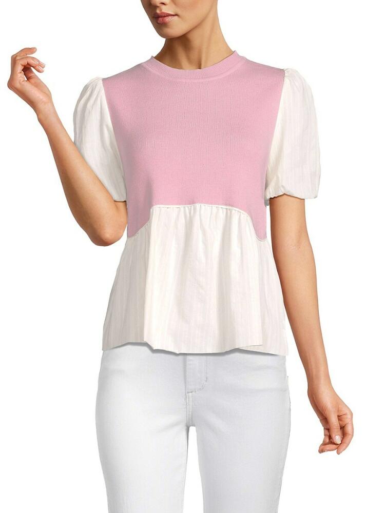 Lea & Viola Women's Puff Sleeve Twofer Top - Pink White Cover