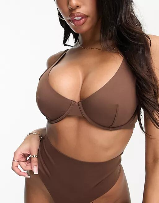 ASOS DESIGN Fuller Bust Marina Nylon blend smoothing underwire bra in brown Cover