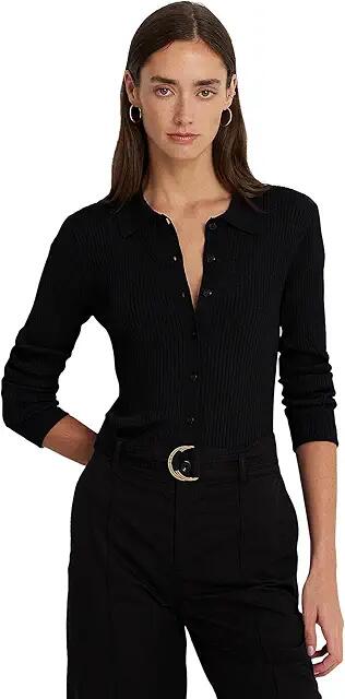 Lauren Ralph Lauren Petite Rib-Knit Long-Sleeve Polo Cardigan (Black) Women's Sweater Cover