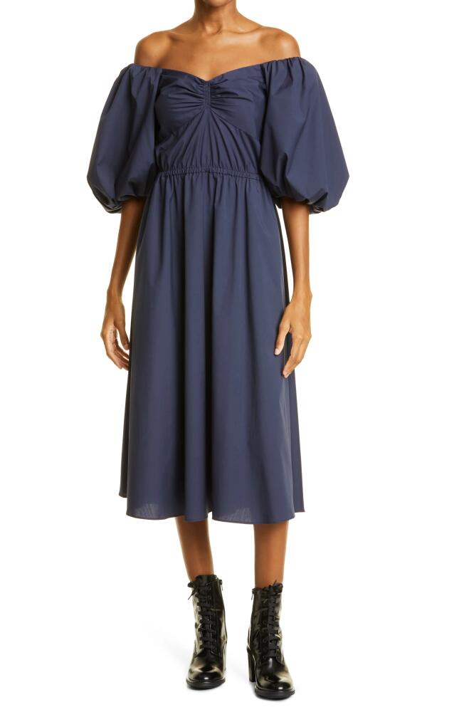 JASON WU Collection Off the Shoulder Balloon Sleeve Poplin Midi Dress in Navy Cover