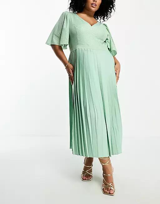 Little Mistress Plus plunge flutter sleeve midi dress in sage green Cover