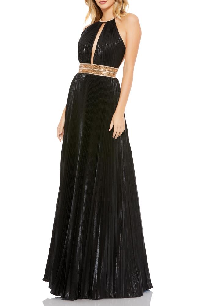 Ieena for Mac Duggal Metallic Halter Neck A-Line Gown in Black Cover