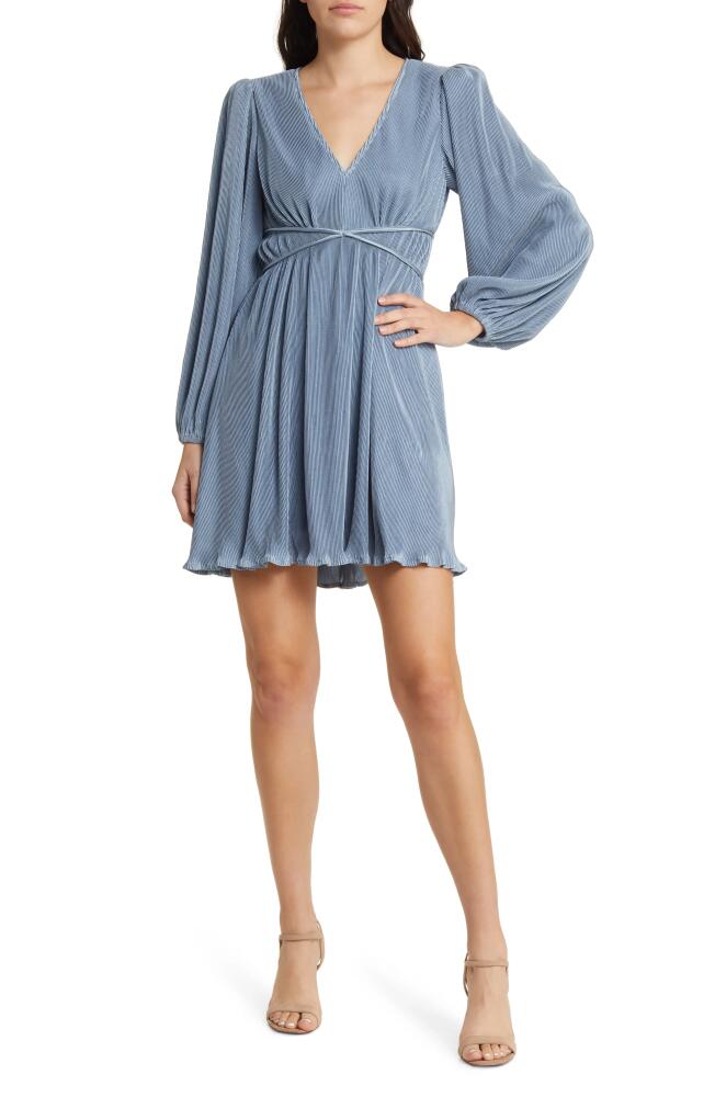 FLORET STUDIOS Pleated Long Sleeve Minidress in Blue Cover