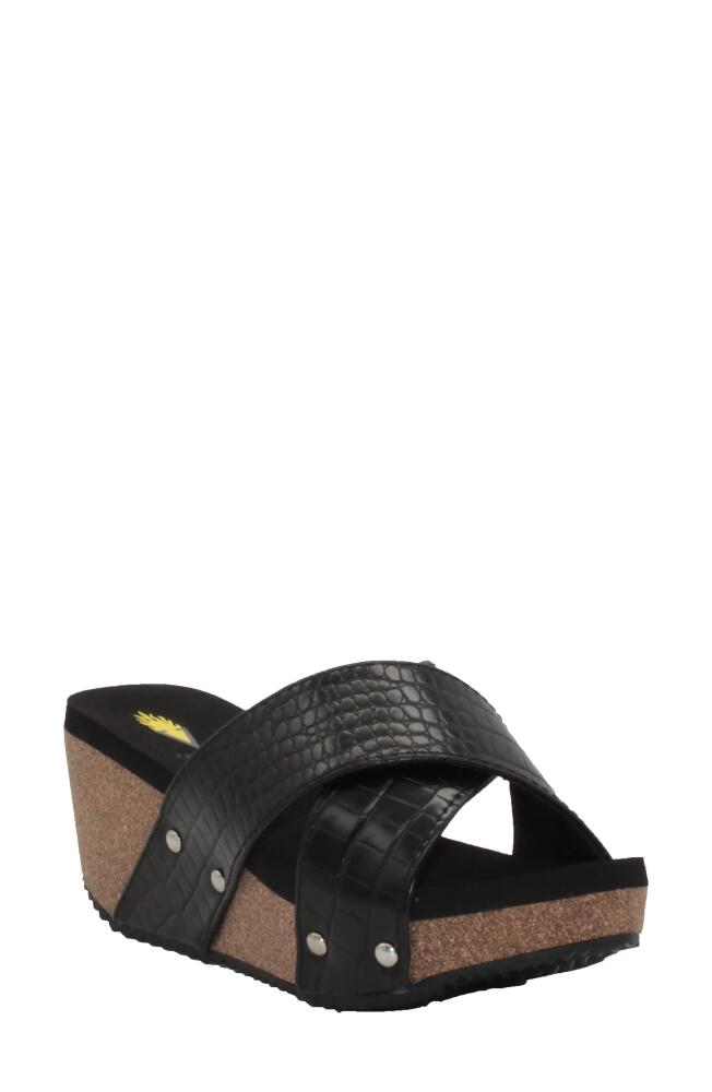 Volatile Riverside Platform Wedge Slide Sandal in Black Crocodile Print Cover