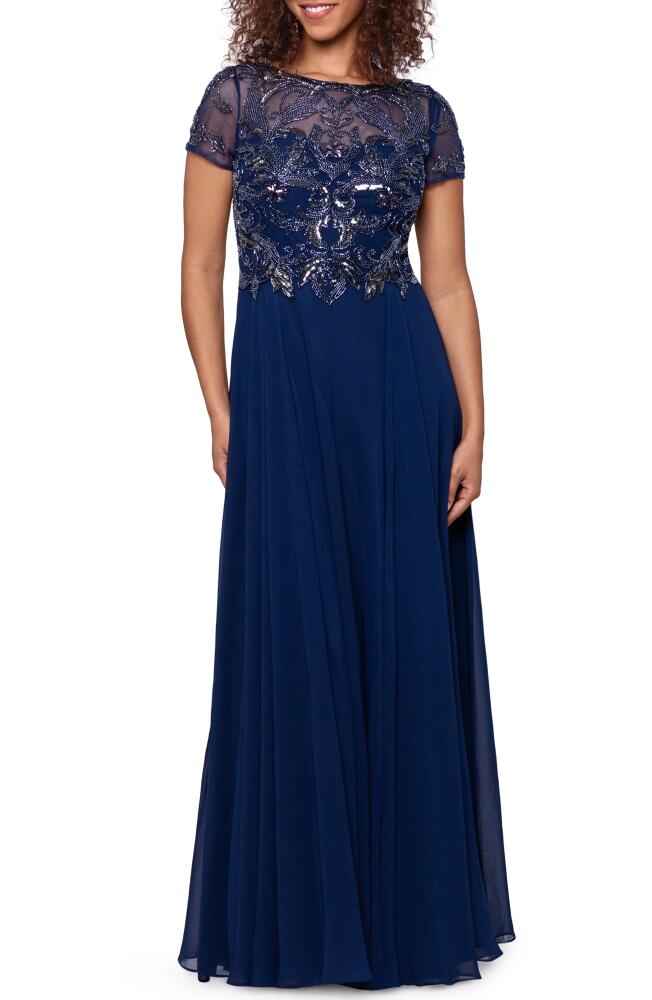 Xscape Evenings Beaded Bodice Chiffon Gown in Navy Cover