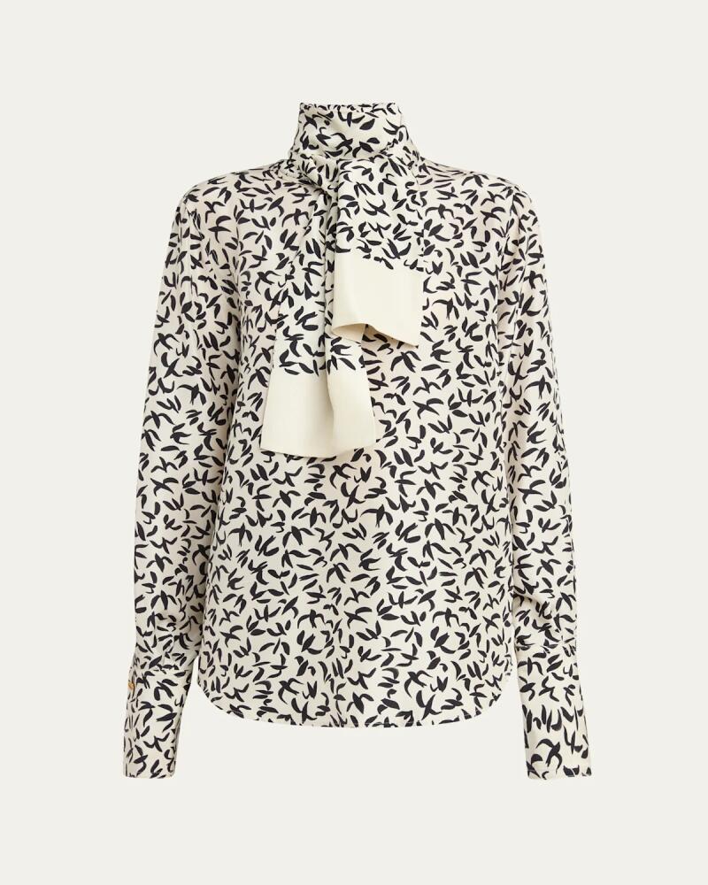 Loro Piana Jami Swallows-Print Silk Shirt With Scarf Cover